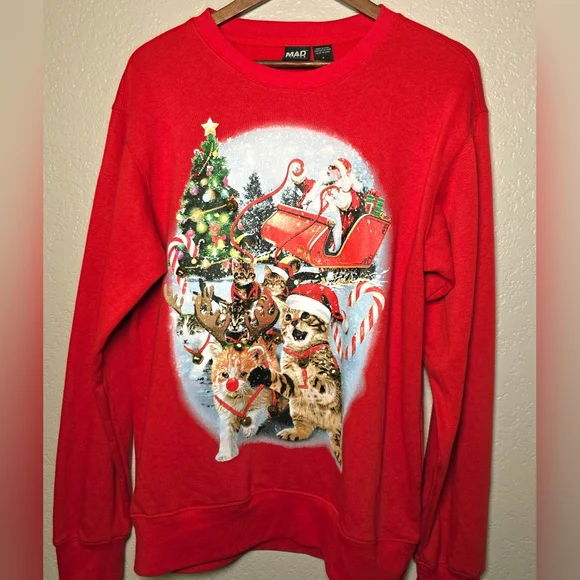 MAD Engine Festive Holiday  Jingle Bell Cat Red Christmas Sweater – Size S (NWT) - Picture 4 of 14